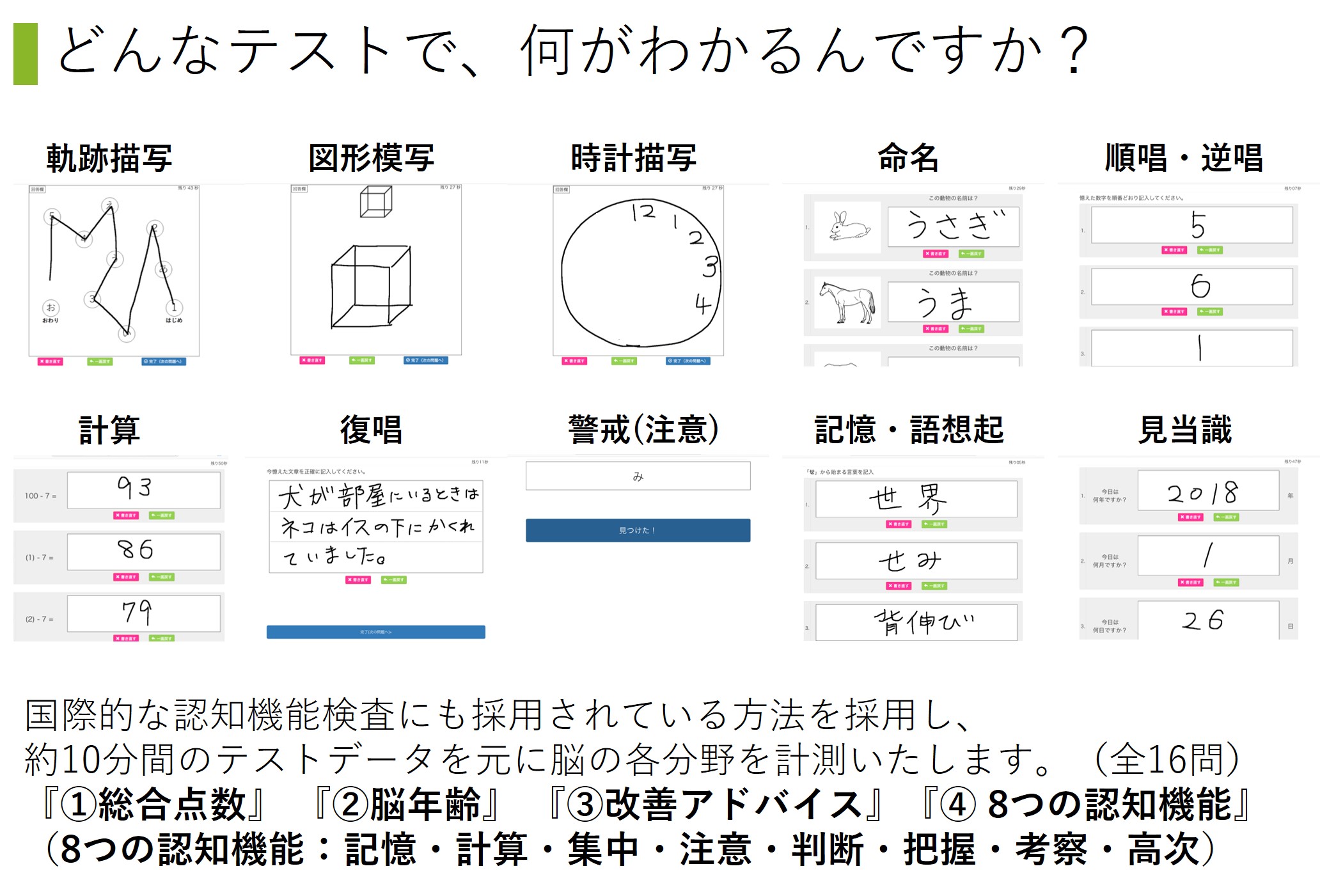 認知機能テストサービスはどんなテストで、何がわかるんですか？