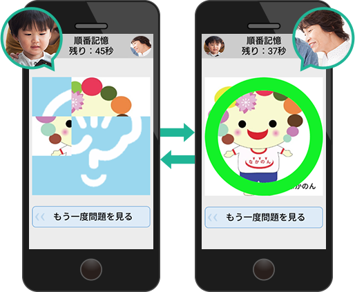 遠く離れたご家族と、脳トレの対戦を楽しむことができます